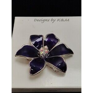 Designs By K&M Purple Flower Brooch/Pin AB Rhinestone Enamel Silver Tone